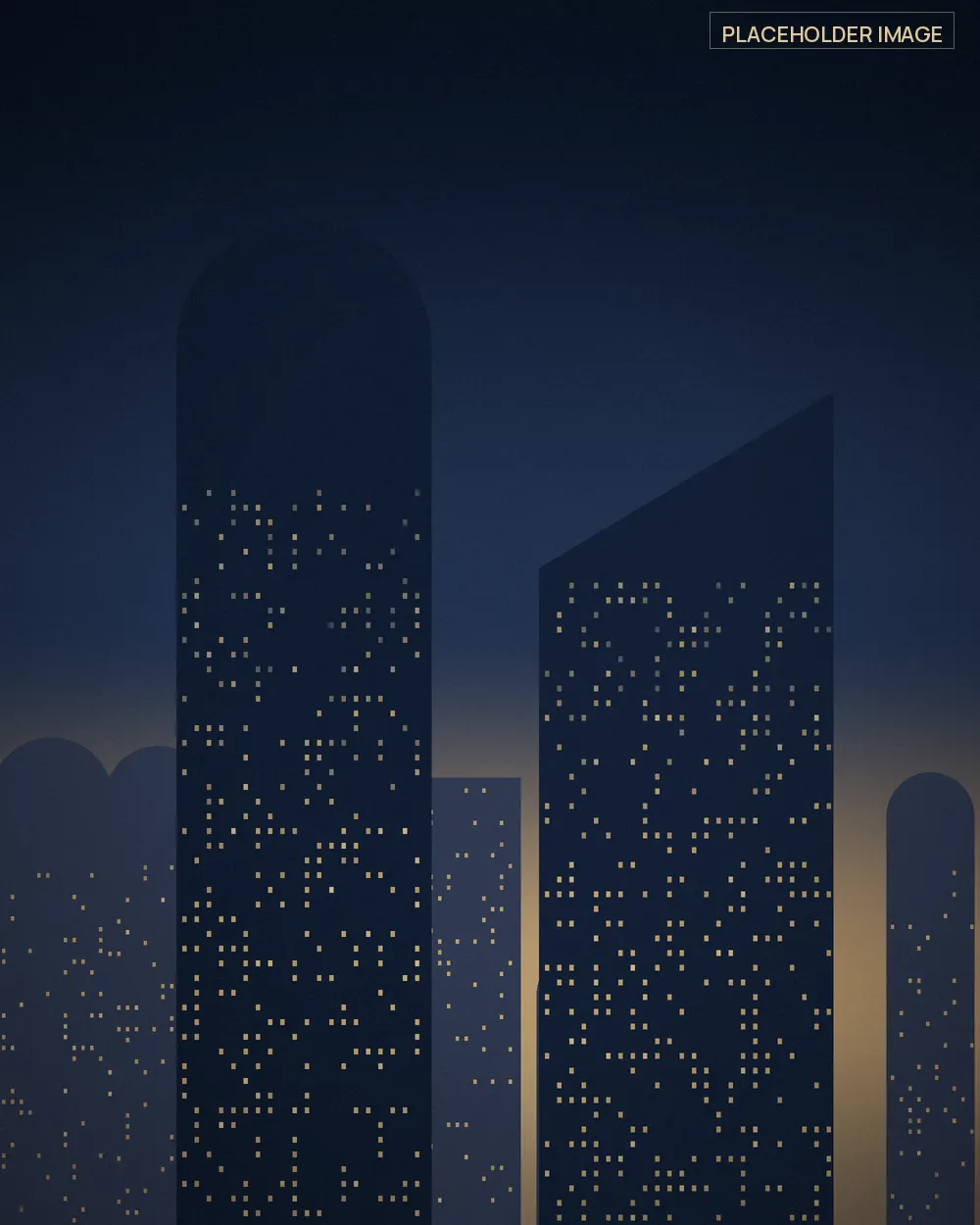 Placeholder illustration of two contemporary towers against a warm evening sky