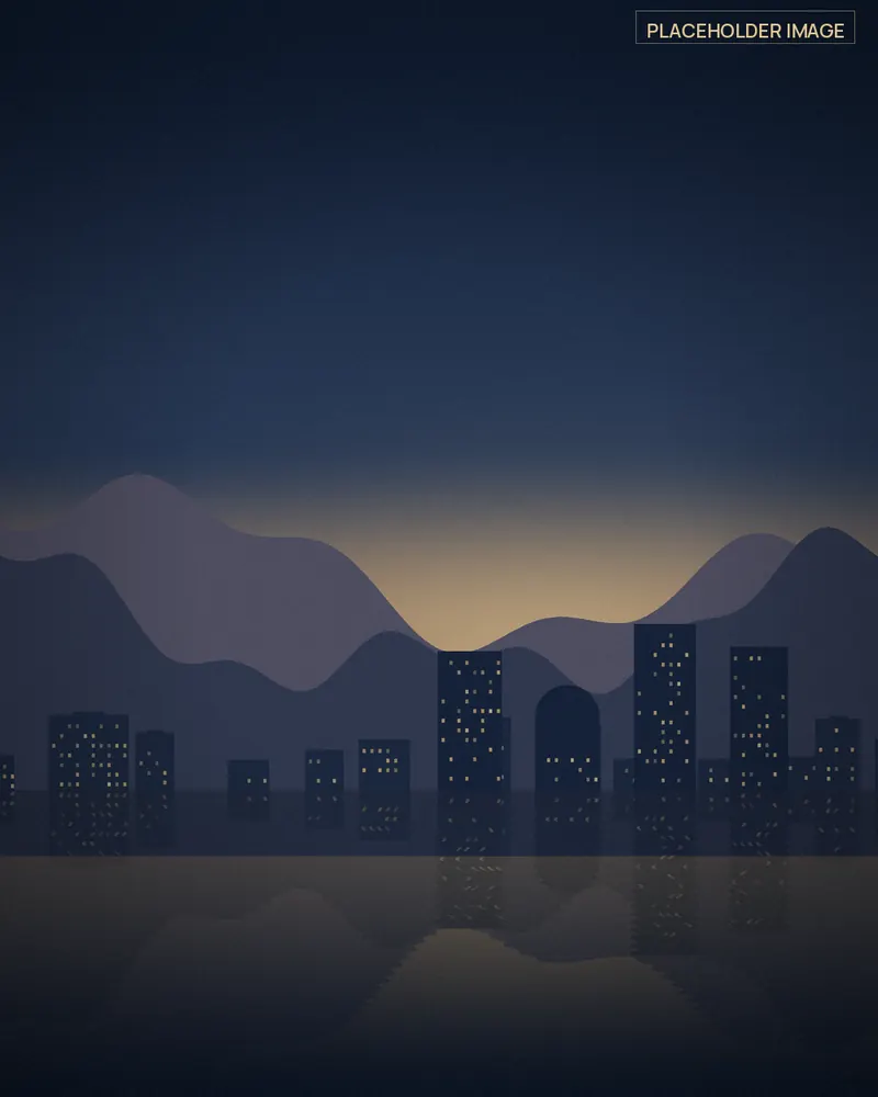 Placeholder illustration of a coastal Omani town beneath the Hajar Mountains at dusk