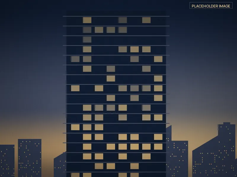 Placeholder illustration of a residential tower with lit balconies at dusk