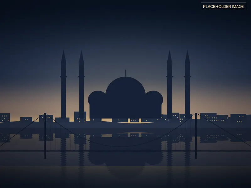 Placeholder illustration of a waterfront district with domes and a suspension bridge