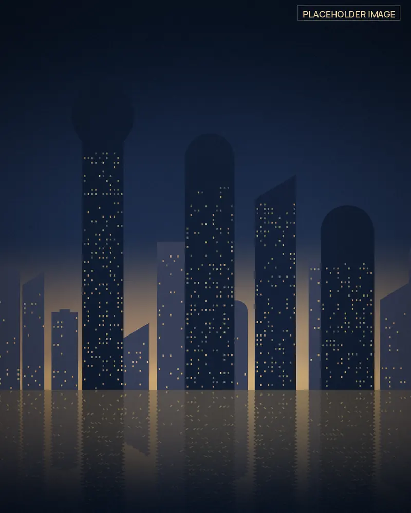 Platzhalter-Illustration einer Golf-Uferskyline mit geschwungenen Türmen in der Dämmerung