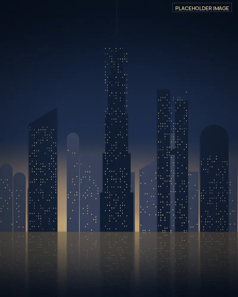 Placeholder illustration of a modern Emirati skyline reflected in the water at dusk