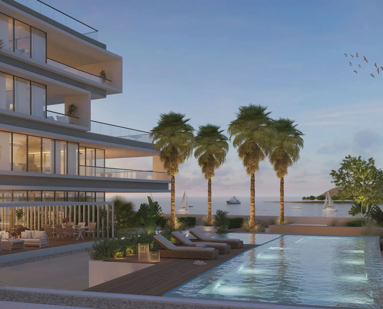 Visualisierung von The Arc in der Abenddämmerung mit Pool und Palmen zum Meer
