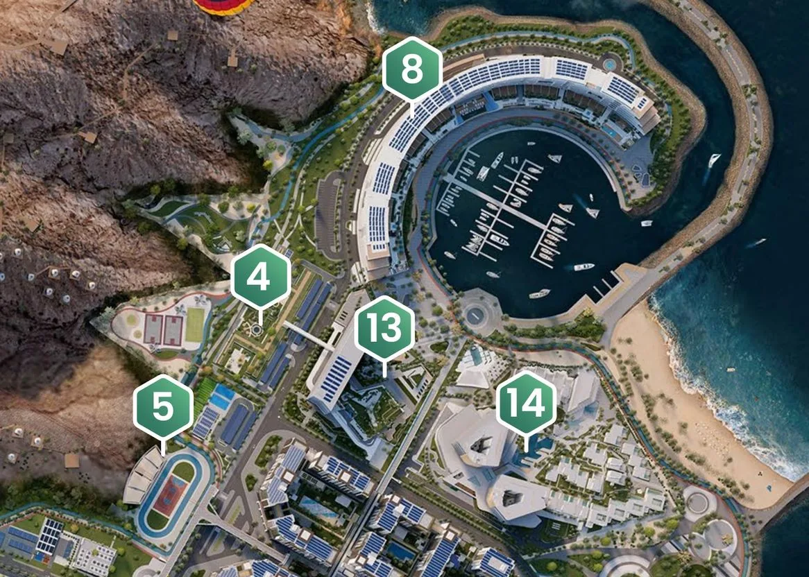 Luftbild-Visualisierung der Marina-Promenade (Zone 8), wo sich The Arc befindet