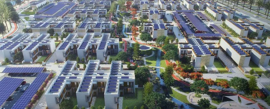 Visualisierung von Solardächern und autofreien Gassen im Sustainable District
