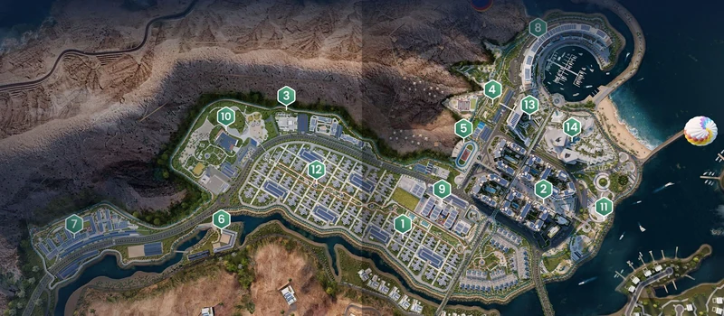 Offizieller Masterplan von The Sustainable City – Yiti mit 14 nummerierten Zonen